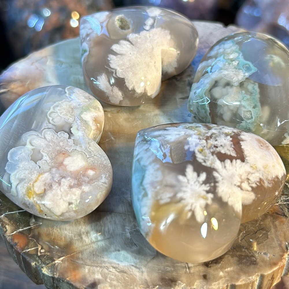 4 Flower Agate Crystal Heart Carvings!